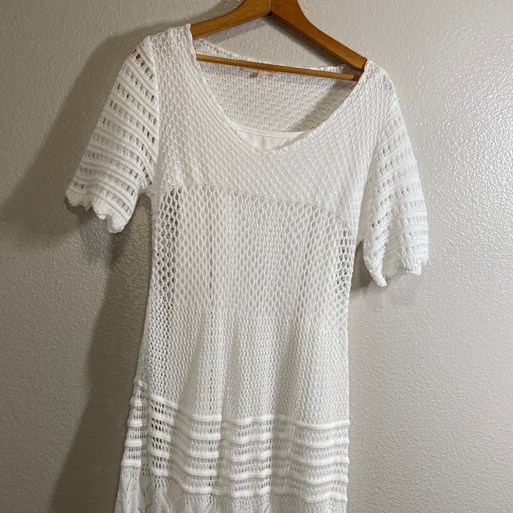 Solitaire Short Sleeve Crochet Maxi Dress Beachy Boho Angelcore Resortwear sz M - Picture 3 of 13